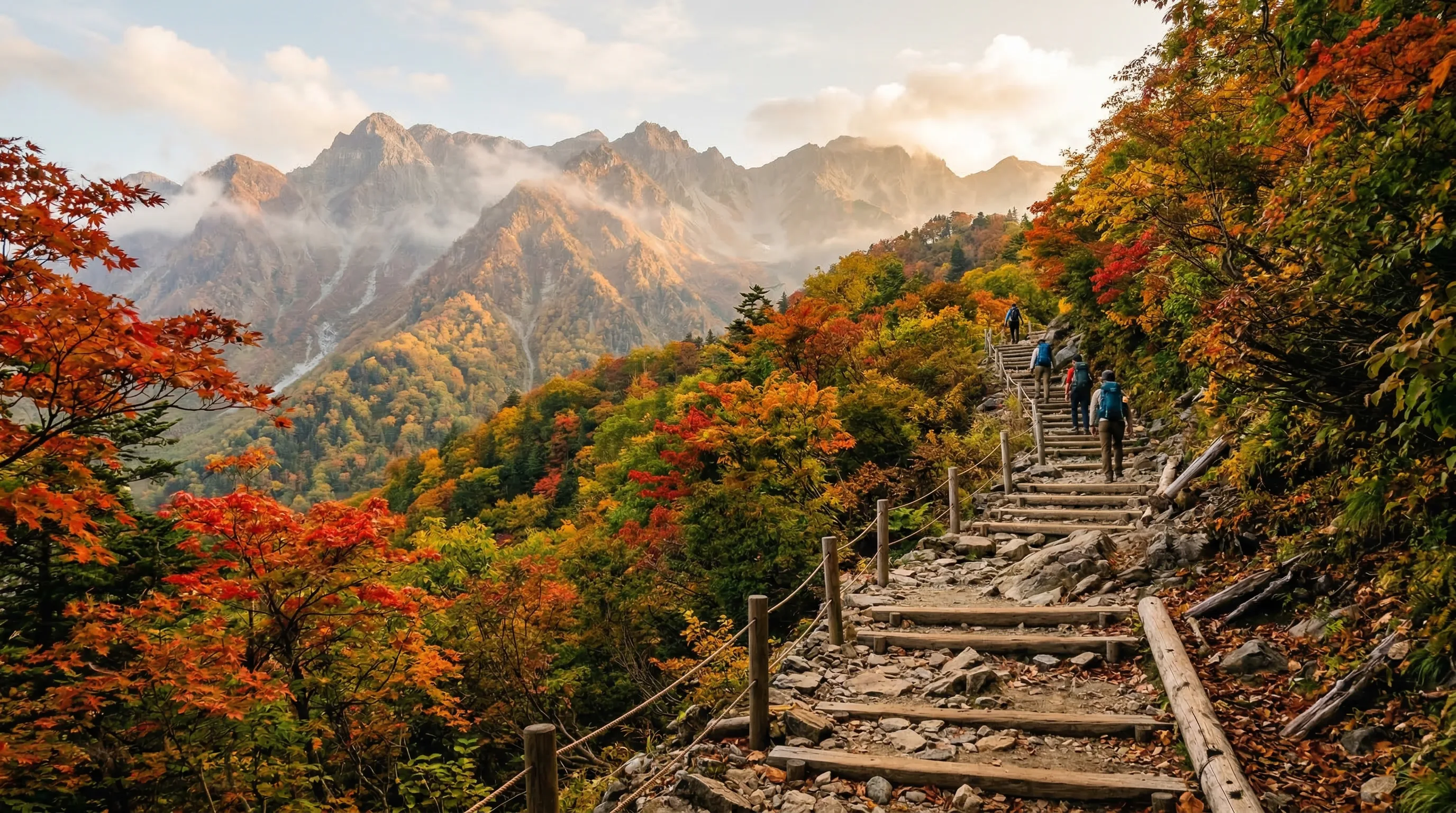 Hikers ascending wooden steps along mountain trail surrounded by vibrant autumn foliage
