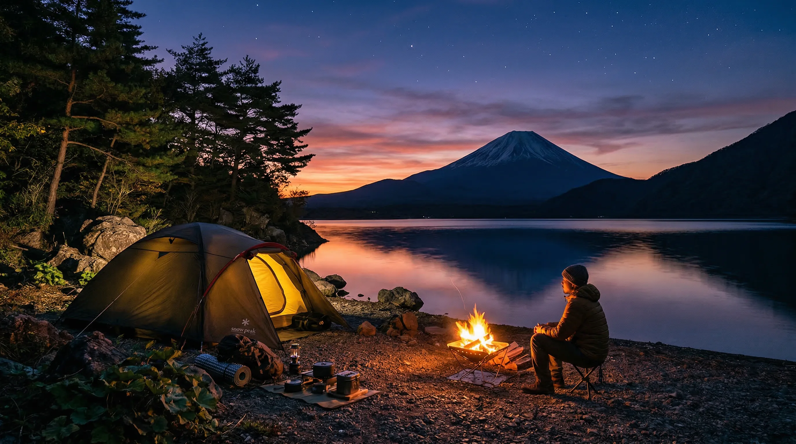 Campsite by mountain lake at dusk with tent and campfire