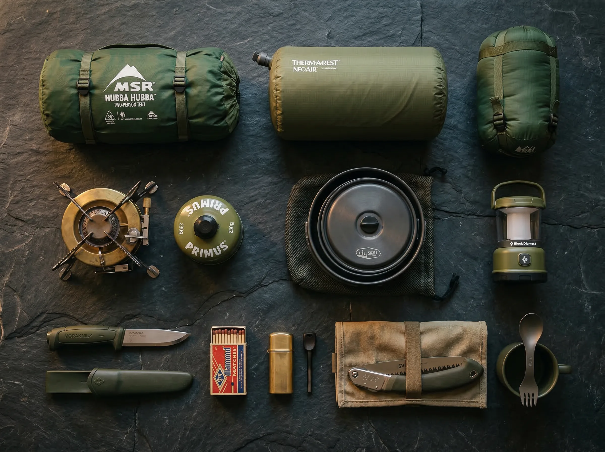 Camping equipment flat-lay with tent, sleeping bag, stove and cooking gear