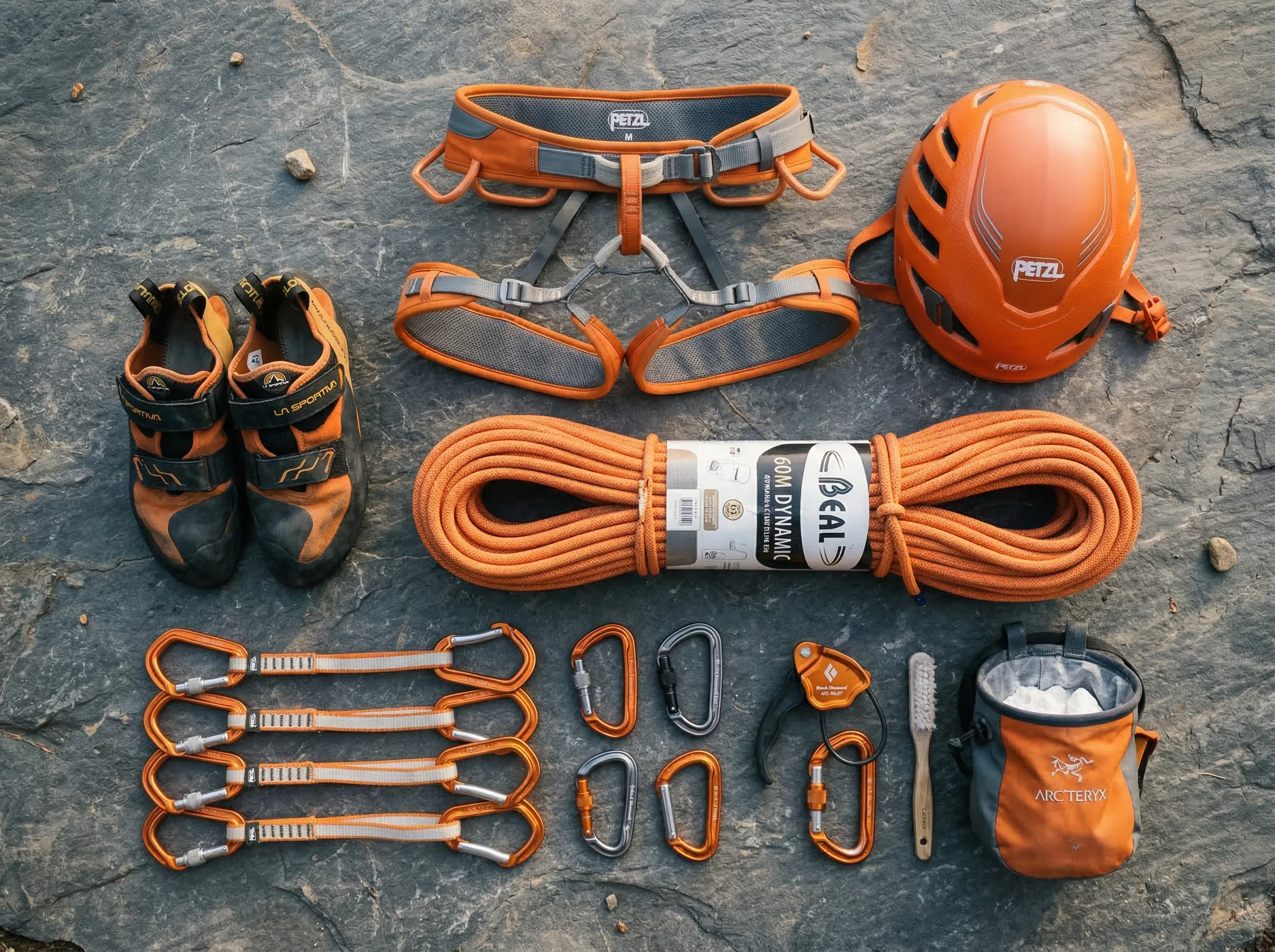 Climbing equipment flat-lay with harness, rope, carabiners and climbing shoes