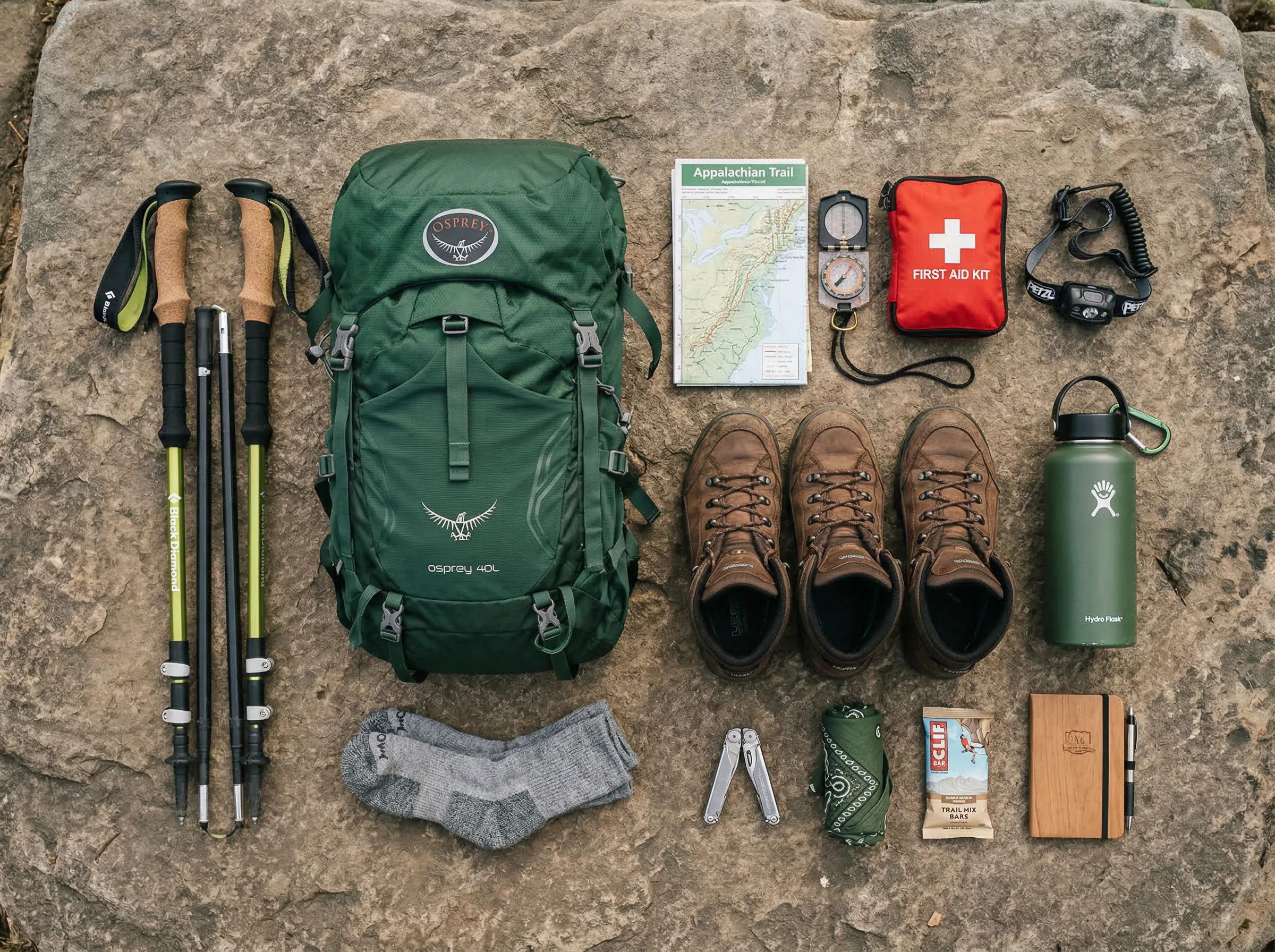 Hiking gear flat-lay with backpack, boots, trekking poles and trail essentials