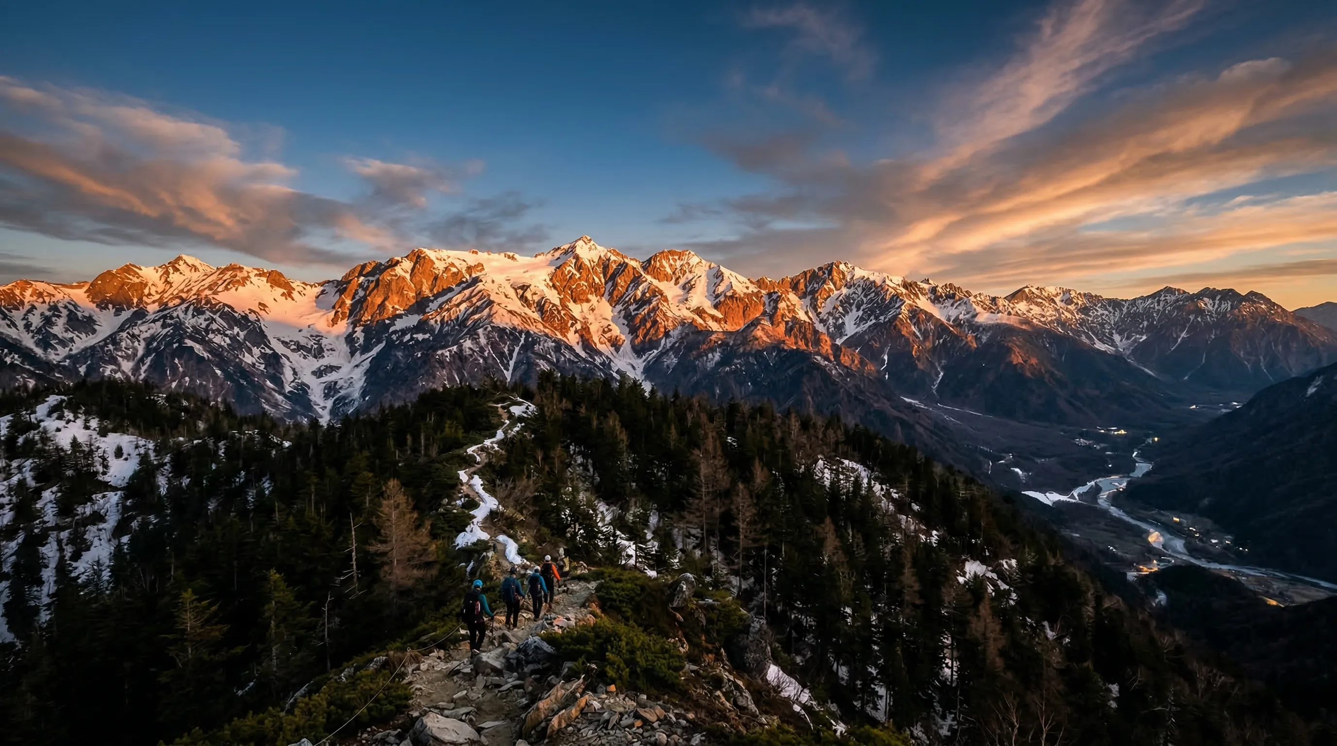 Panoramic view of Hakuba mountain range at sunset with hikers on alpine trail